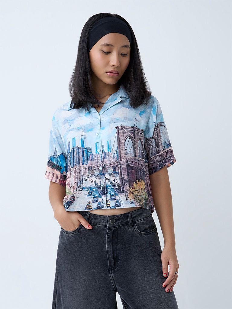 Westside Nuon Women's Blue Cityscape-Inspired Shirt for Casual Wear Front View
