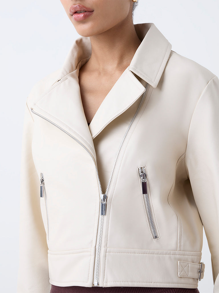 Nuon Cream Solid Faux-Leather Jacket