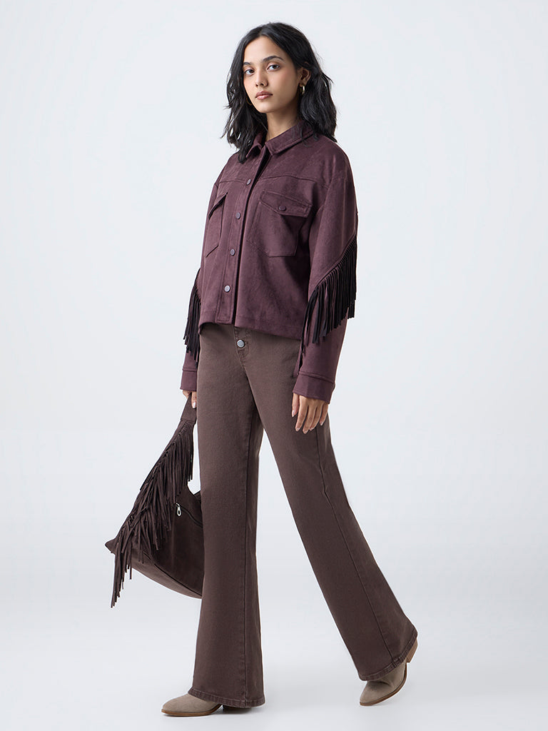 LOV Dark Brown Fringe Detailed Suede Jacket