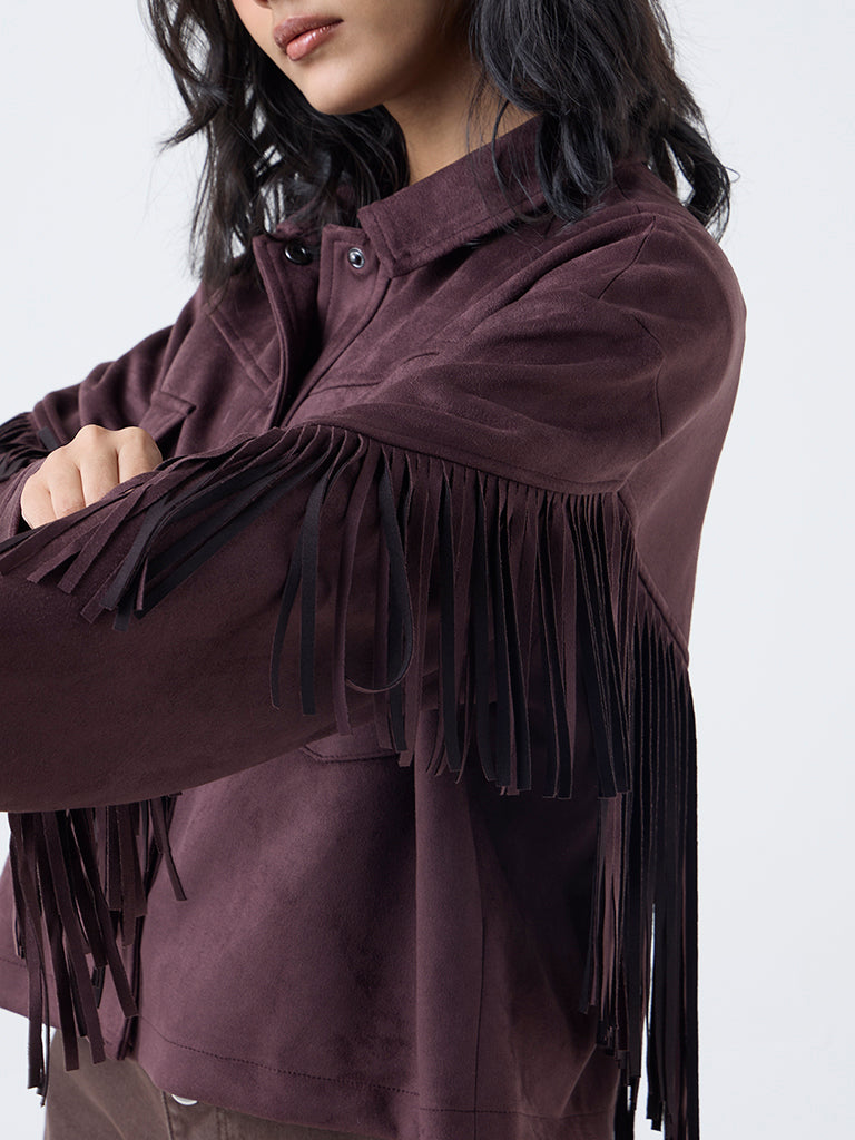 LOV Dark Brown Fringe Detailed Suede Jacket