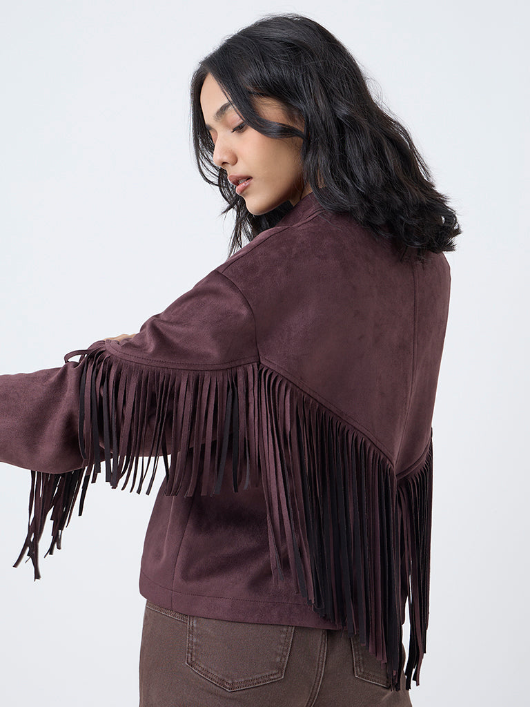 LOV Dark Brown Fringe Detailed Suede Jacket