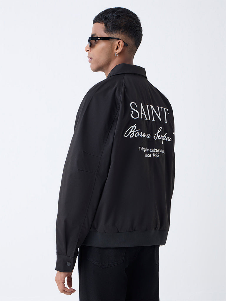 Nuon Black Text Detailed Relaxed Fit Jacket