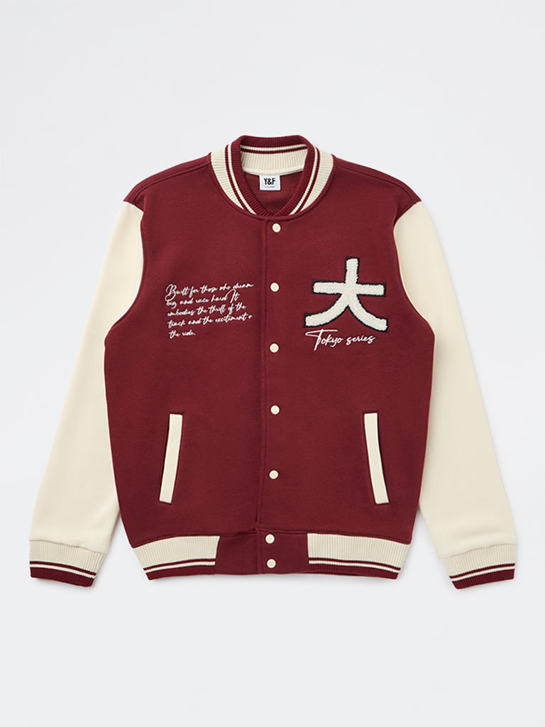 Y&F Kids Boys Red Embroidered Cotton-Blend Varsity Jacket