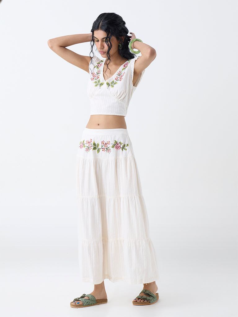 Bombay Paisley Off-White Embroidered Tiered Cotton Skirt
