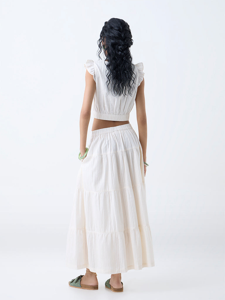 Bombay Paisley Off-White Embroidered Tiered Cotton Skirt