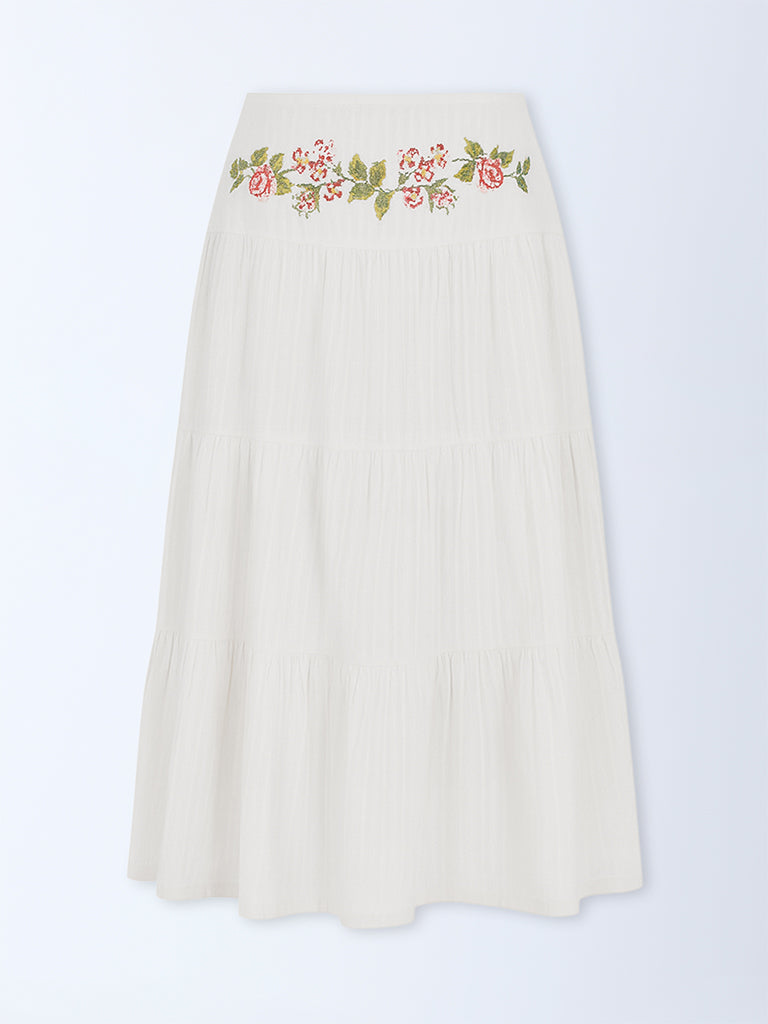 Bombay Paisley Off-White Embroidered Tiered Cotton Skirt