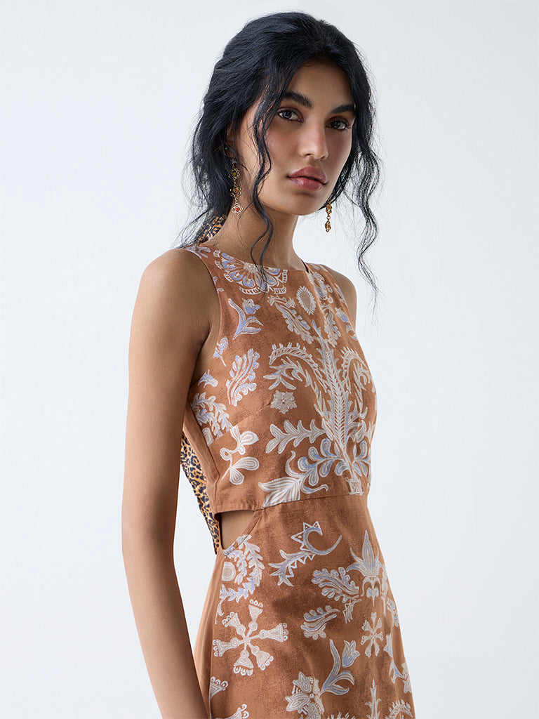 Bombay Paisley Tan Floral Design Cotton A-Line Dress