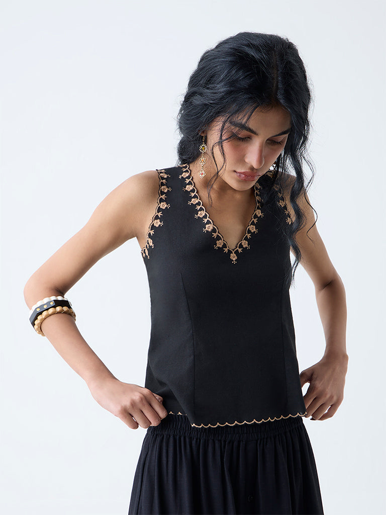 Westside Bombay Paisley Women's Black Floral Embroidered Cotton-Blend Top for Everyday Front view