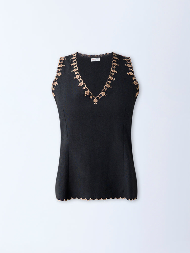 Westside Bombay Paisley Women's Black Floral Embroidered Cotton-Blend Top for Everyday Flatlay