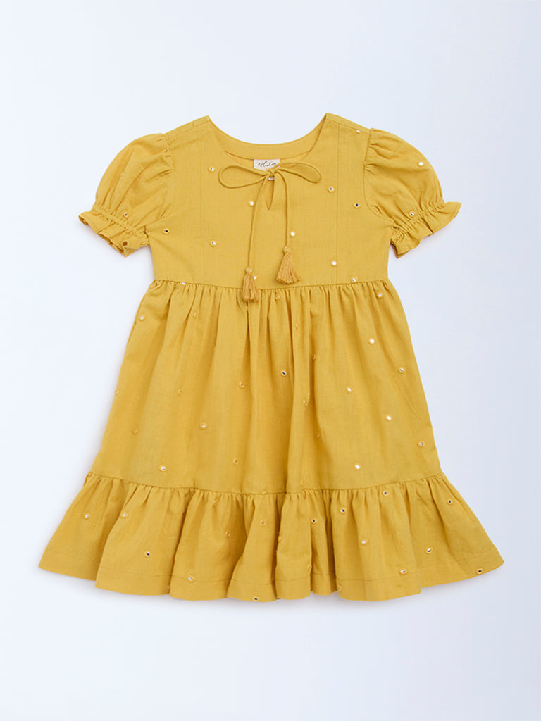 Utsa Kids Girls Yellow Mirror-Work Tiered Cotton-Blend Dress