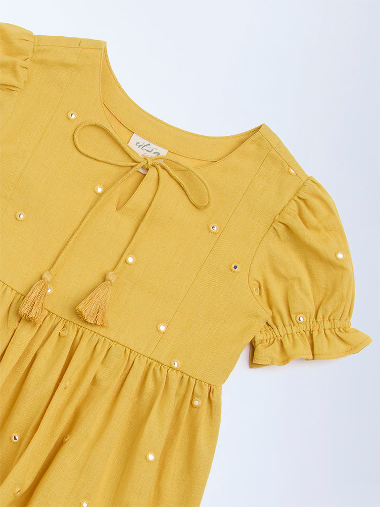 Utsa Kids Girls Yellow Mirror-Work Tiered Cotton-Blend Dress