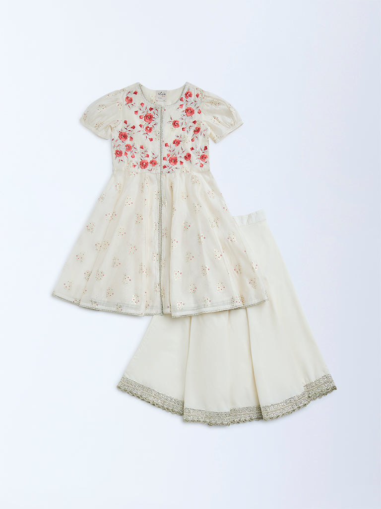 Utsa Kids Off-White Floral Embroidered Ethnic Set - (2-8yrs)