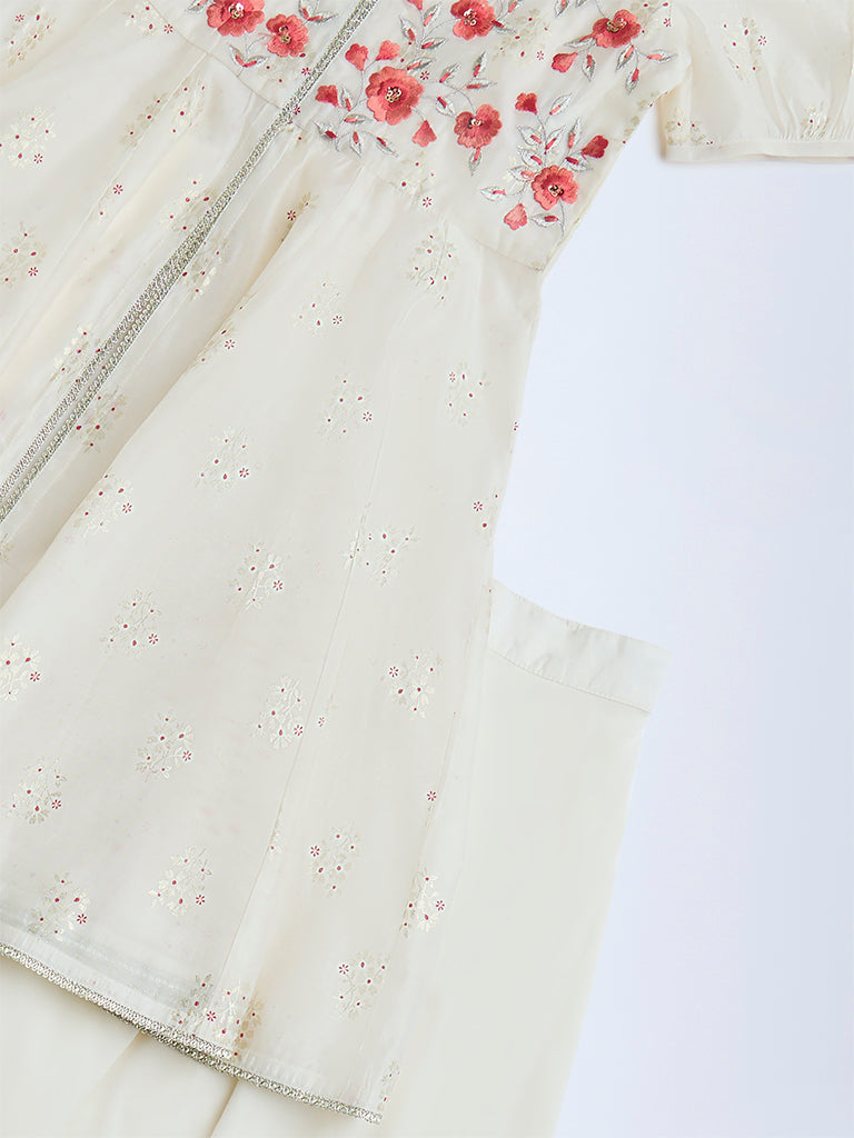 Utsa Kids Off-White Floral Embroidered Ethnic Set - (2-8yrs)