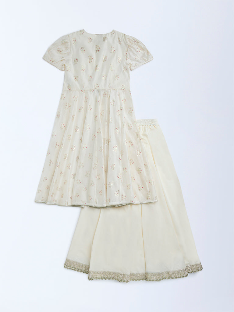 Utsa Kids Off-White Floral Embroidered Ethnic Set - (8-14yrs)