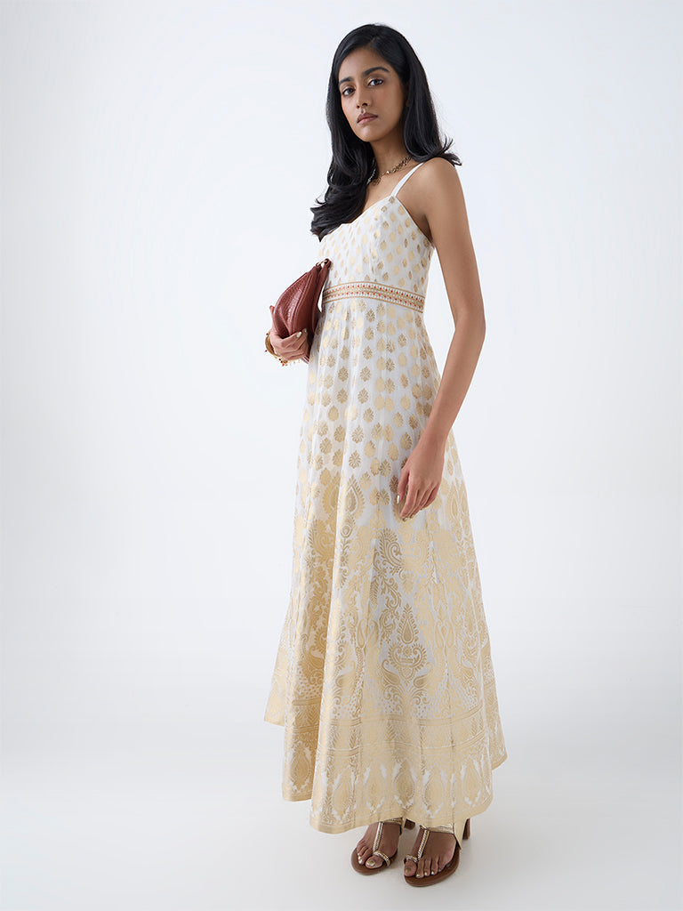Vark Off-White Brocade A-Line Dress