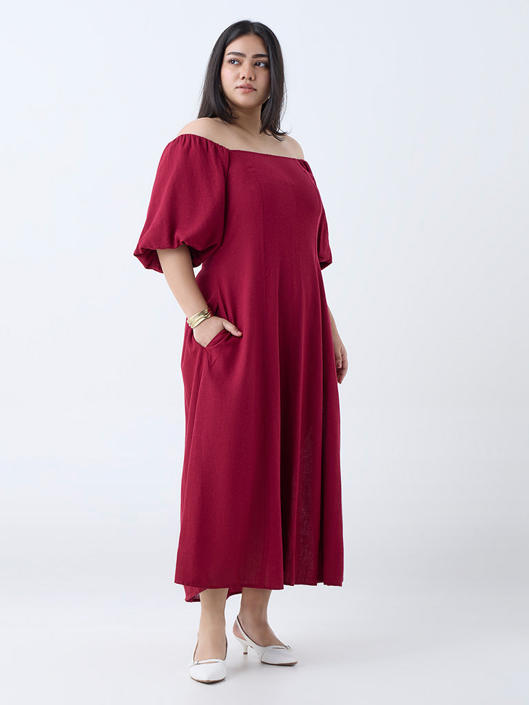 Westside Gia Women's Red Solid Off-Shoulder Dress for Casual Wear Full View
