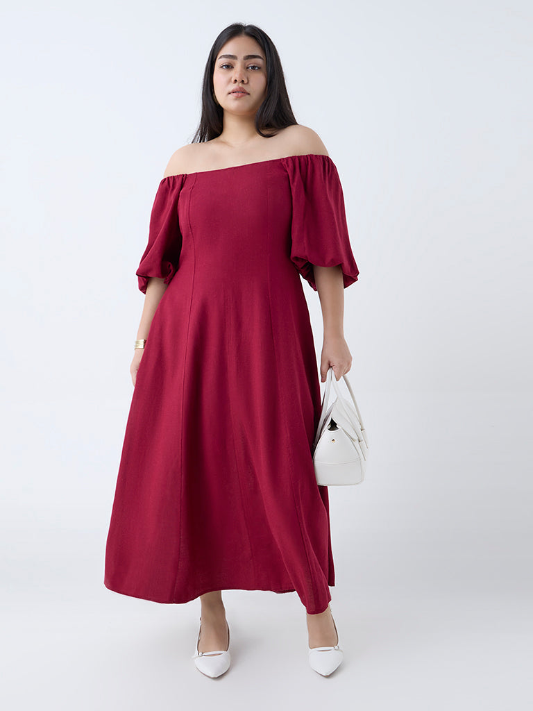 Westside Gia Women's Red Solid Off-Shoulder Dress for Casual Wear Front View