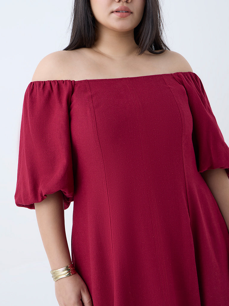Westside Gia Women's Red Solid Off-Shoulder Dress for Casual Wear Zoomed View