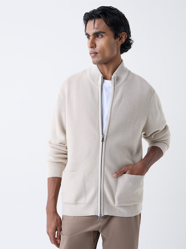Ascot Beige Knit-Textured Relaxed Fit Jacket