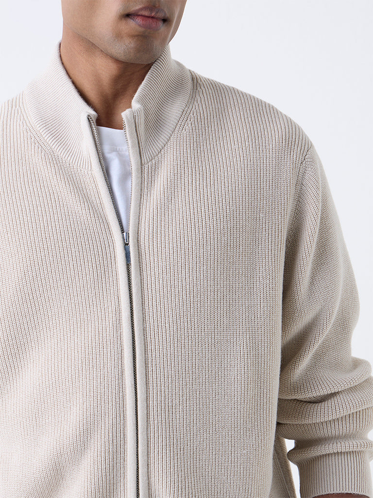 Ascot Beige Knit-Textured Relaxed Fit Jacket