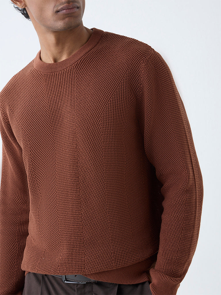 Westside Ascot Men's Brown Knit-Textured Relaxed-Fit Cotton Sweater for Winter Wear Zoomed View