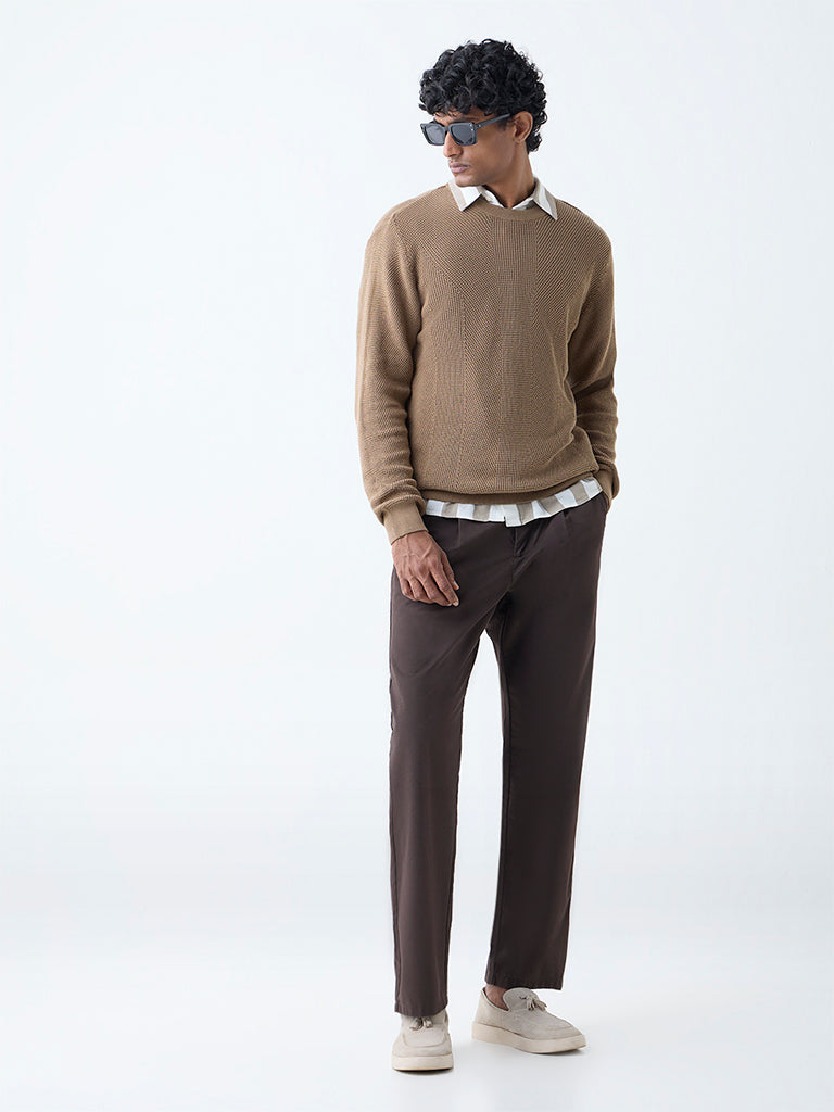 Westside Ascot Men's Taupe Knit-Textured Relaxed-Fit Cotton Sweater for Winter Wear Full View