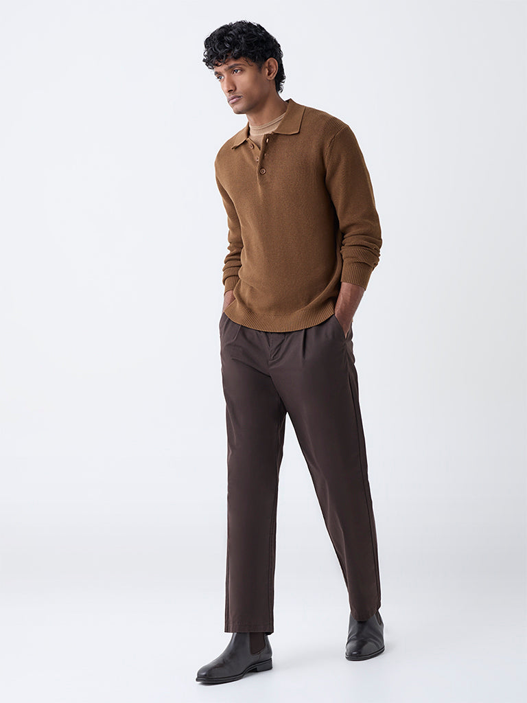 Buy Ascot Tan Knit-Textured Relaxed-Fit Cotton Polo Sweater from