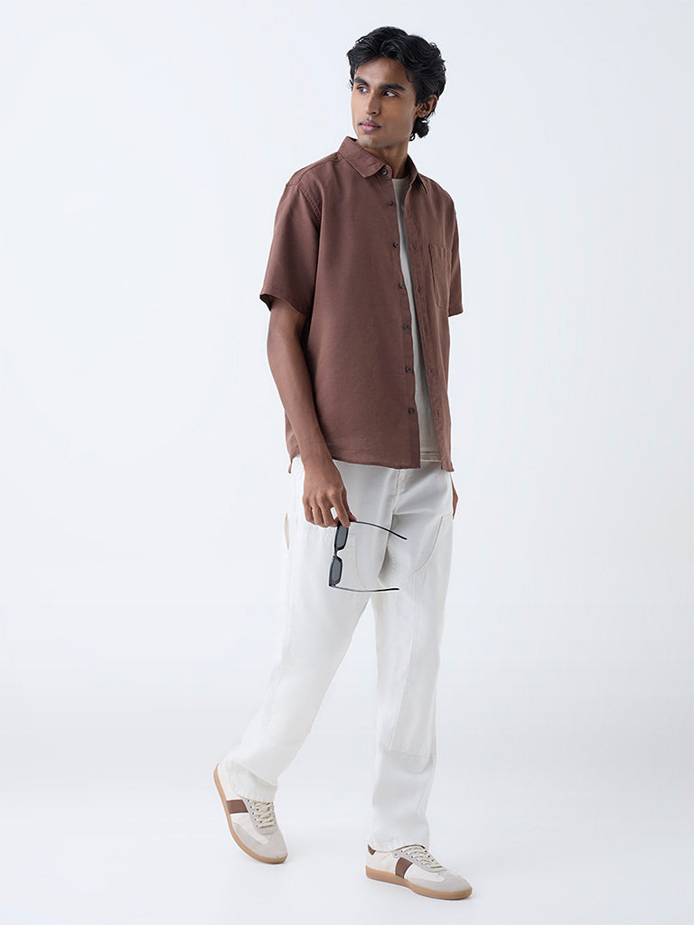 WES Casuals Brown Solid Relaxed-Fit Linen-Blend Shirt
