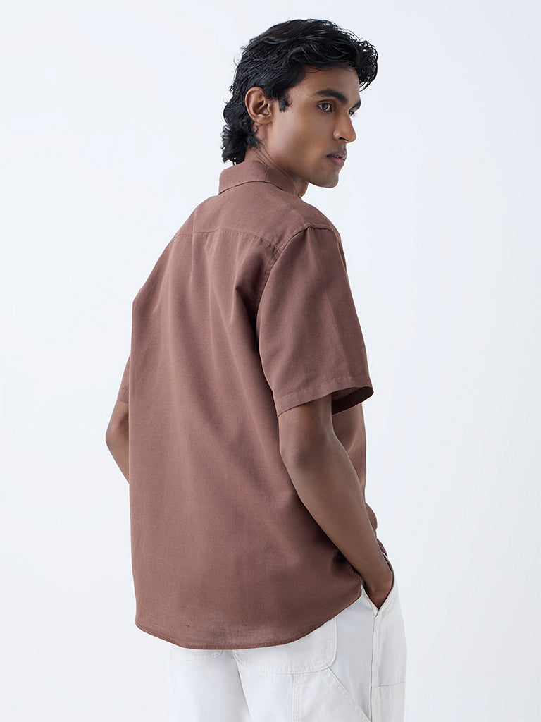 WES Casuals Brown Solid Relaxed-Fit Linen-Blend Shirt
