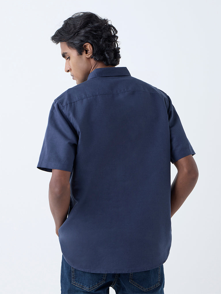 WES Casuals Navy Solid Relaxed-Fit Linen-Blend Shirt