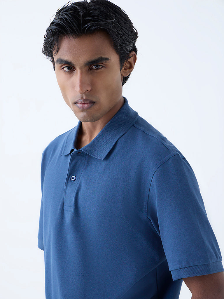 WES Casuals Indigo Relaxed-Fit Cotton-Blend Polo T-Shirt