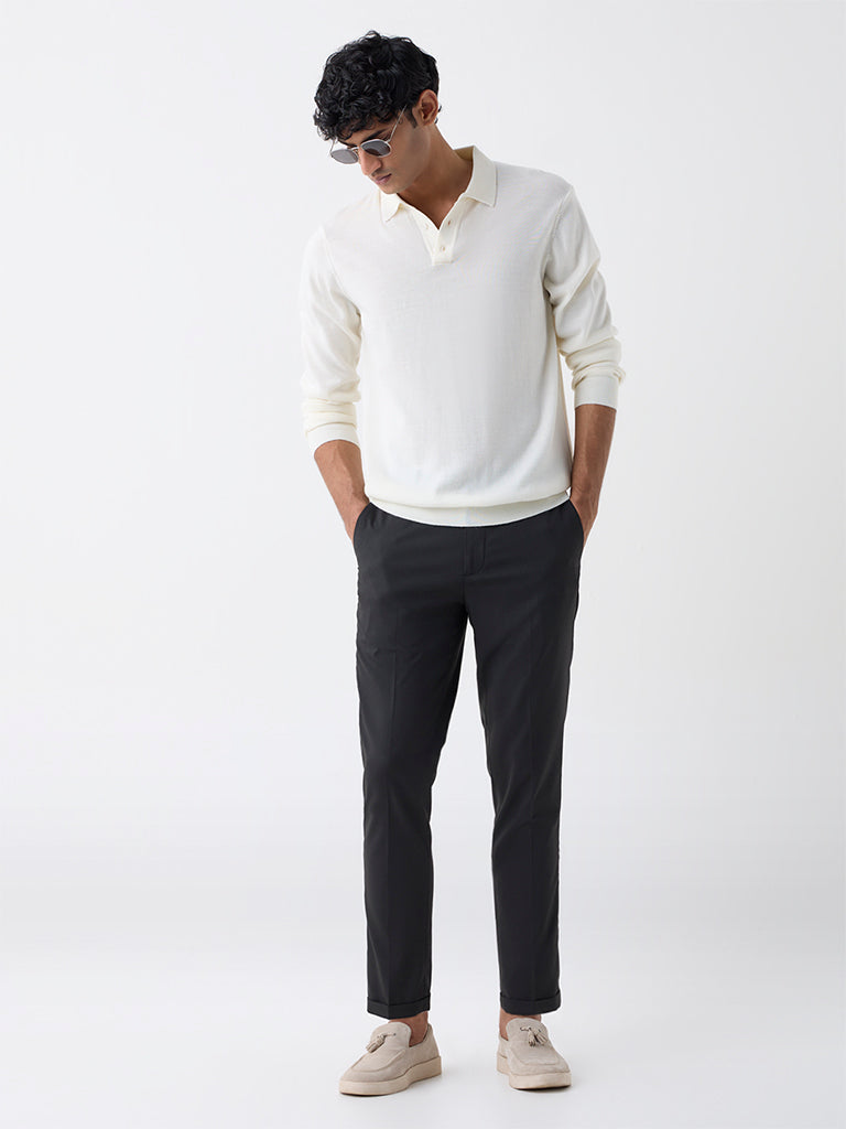 WES Formals Off-White Solid Relaxed-Fit Polo T-Shirt