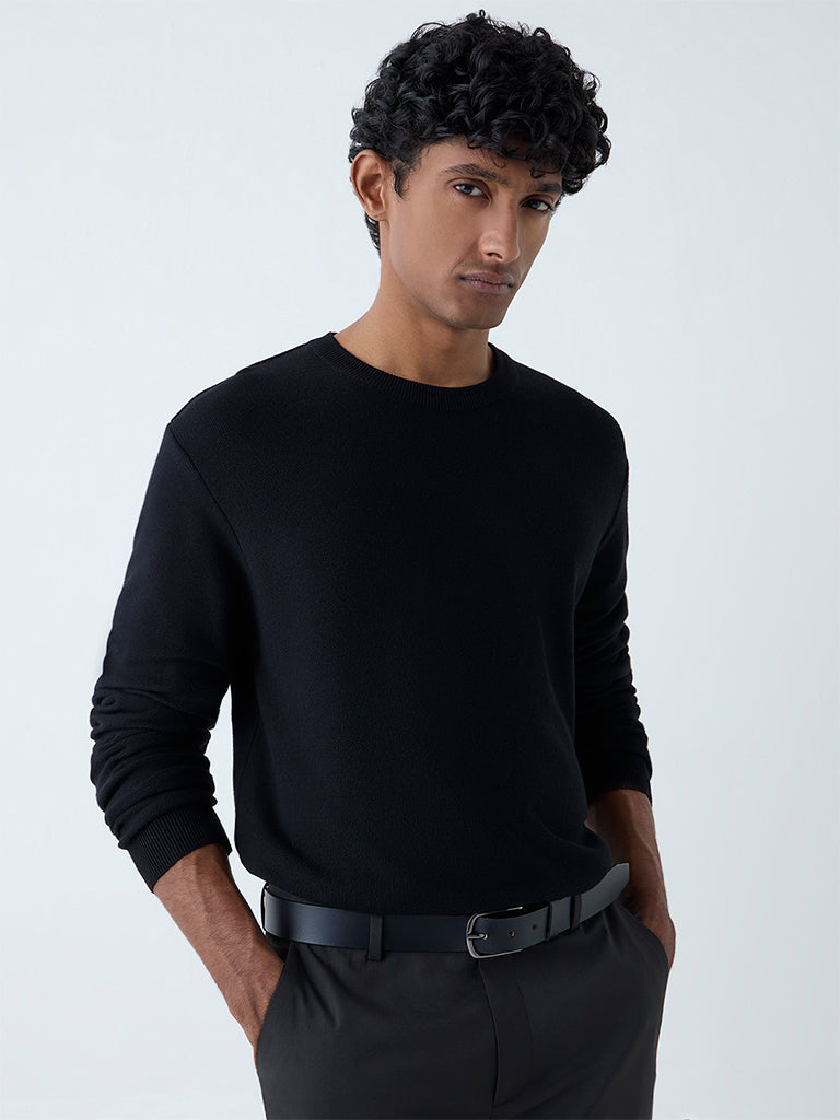 Westside WES Formals Men's Black Knitted Slim-Fit Sweater for Winter Wear Front view