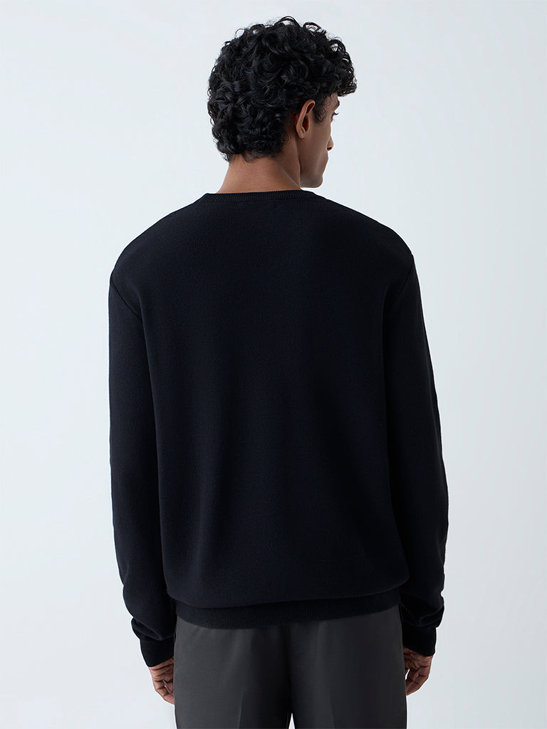 Westside WES Formals Men's Black Knitted Slim-Fit Sweater for Winter Wear Back View