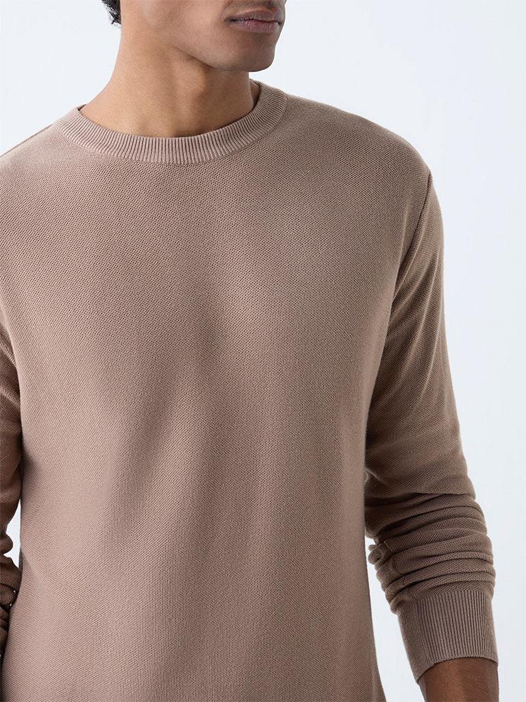 Westside WES Formals Men's Beige Knitted Slim-Fit Sweater for Winter Wear Zoomed View