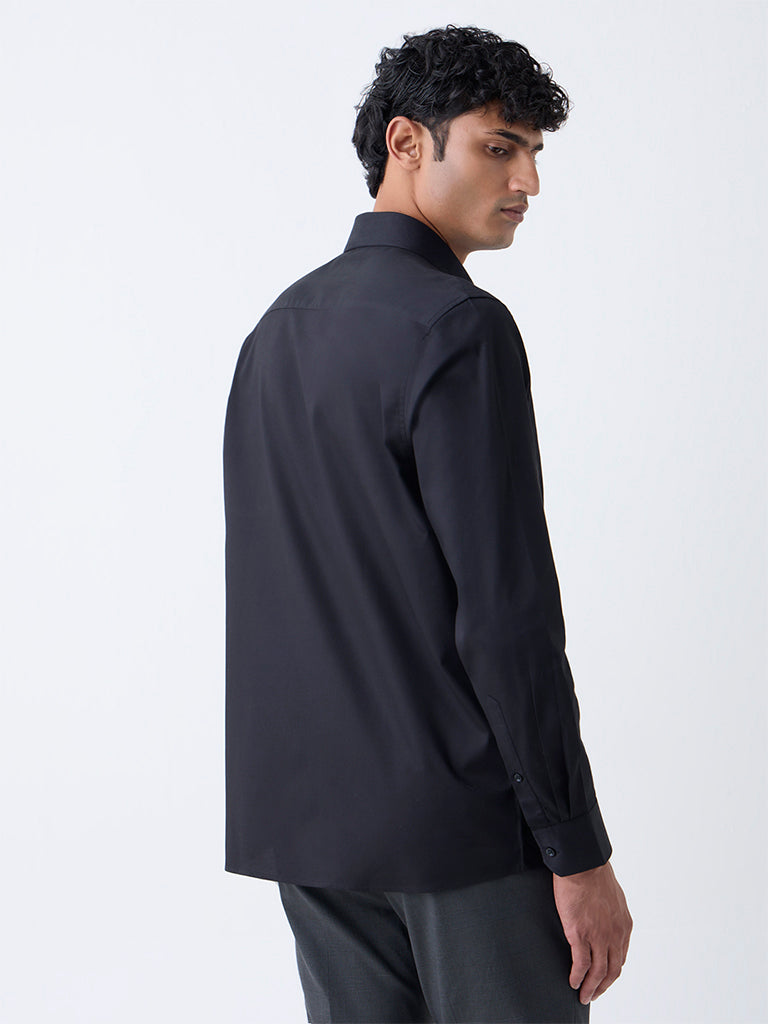 WES Formals Black Solid Slim-Fit Cotton Shirt