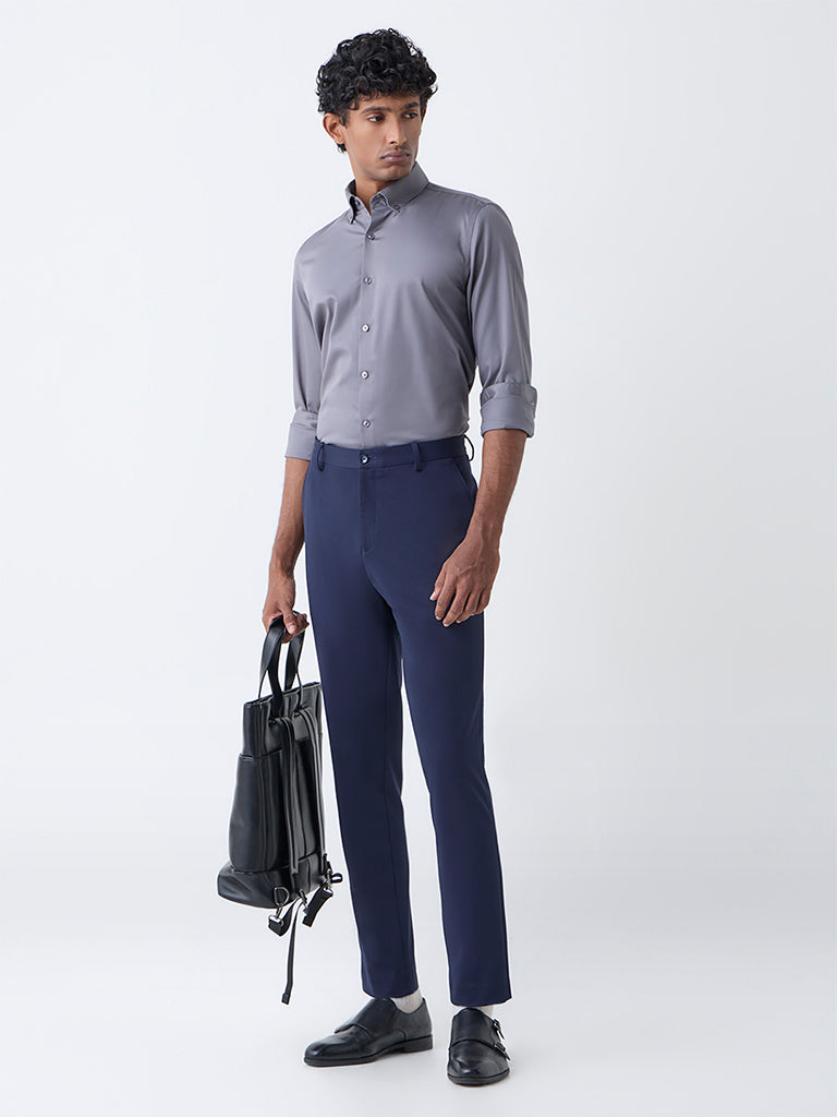WES Formals Grey Solid Slim-Fit Cotton-Blend Shirt