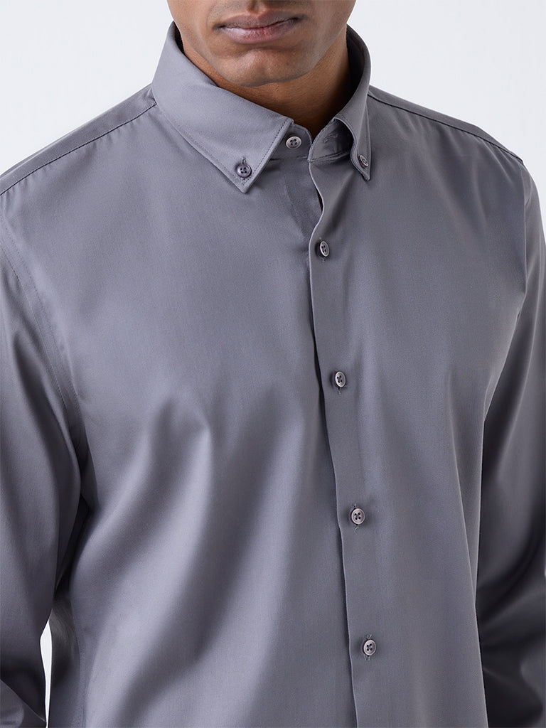 WES Formals Grey Solid Slim-Fit Cotton-Blend Shirt