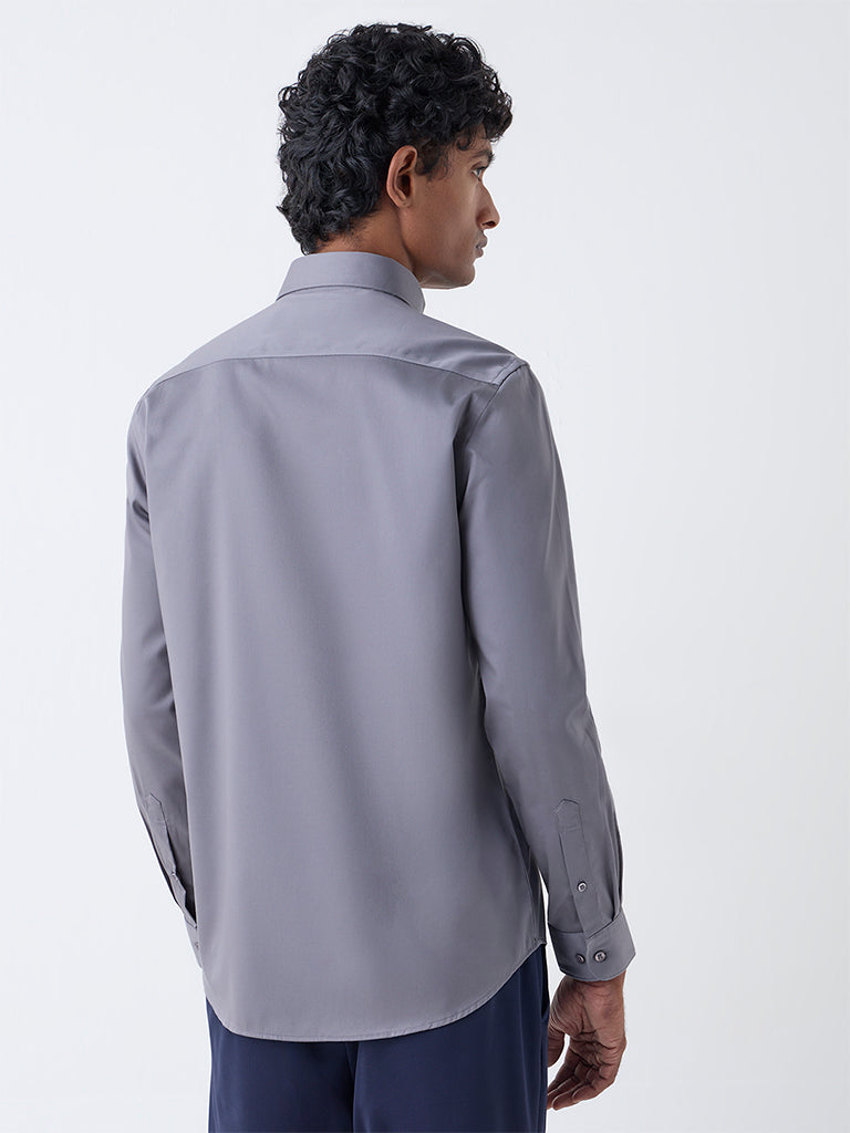 WES Formals Grey Solid Slim-Fit Cotton-Blend Shirt