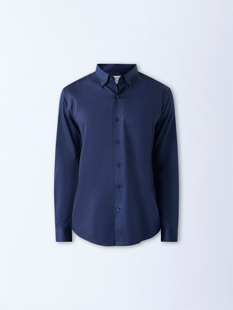 WES Formals Navy Solid Slim-Fit Cotton-Blend Shirt