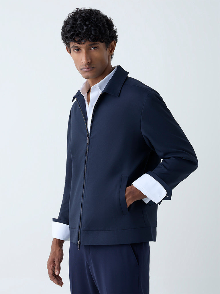 Westside WES Formals Men's Navy Slim-Fit Jacket for Work Wear Front view