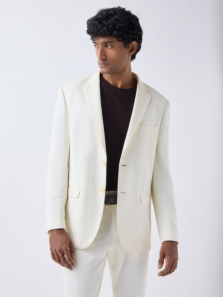WES Formals Off-White Solid Slim-Fit Blazer
