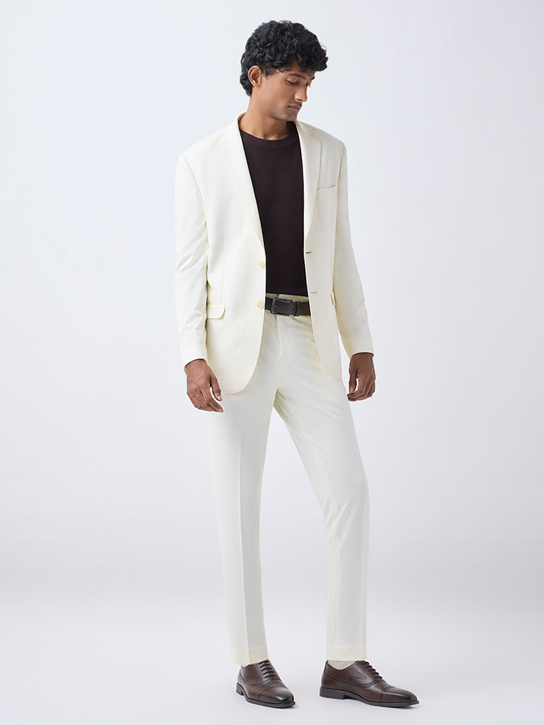 WES Formals Off-White Solid Slim-Fit Blazer