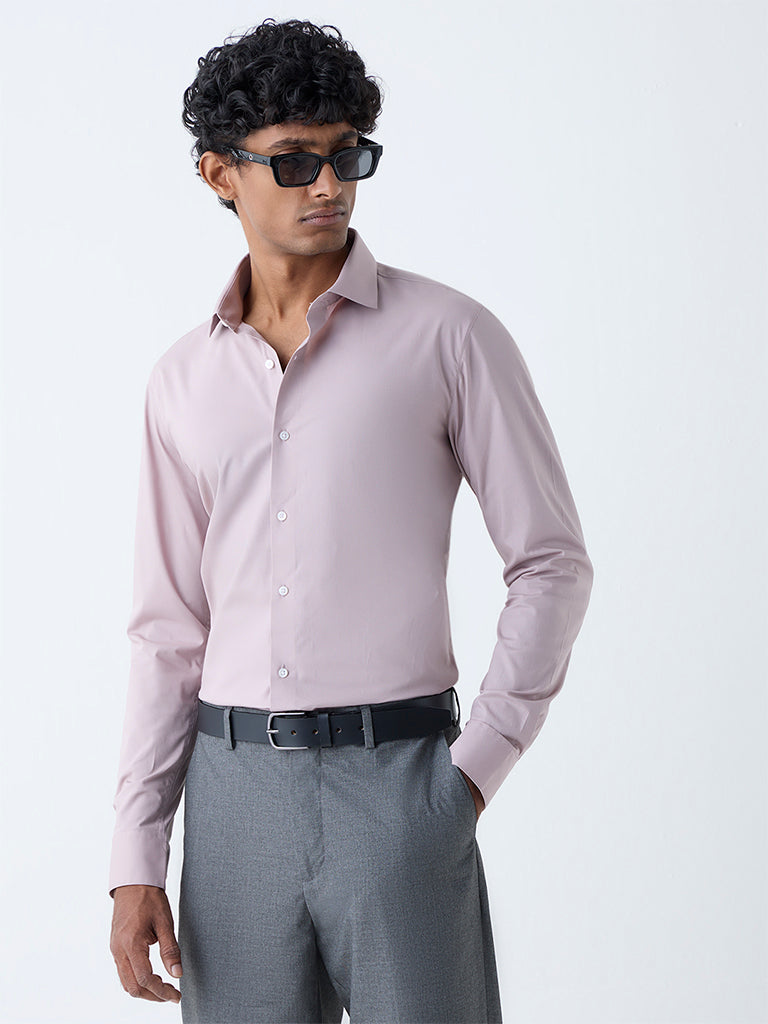WES Formals Dusty Pink Solid Ultra-Slim Fit Cotton-Blend Shirt