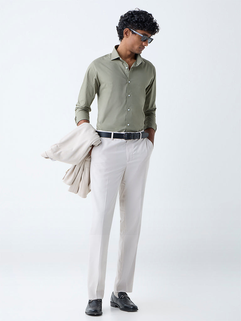 WES Formals Sage Solid Ultra-Slim Fit Cotton-Blend Shirt