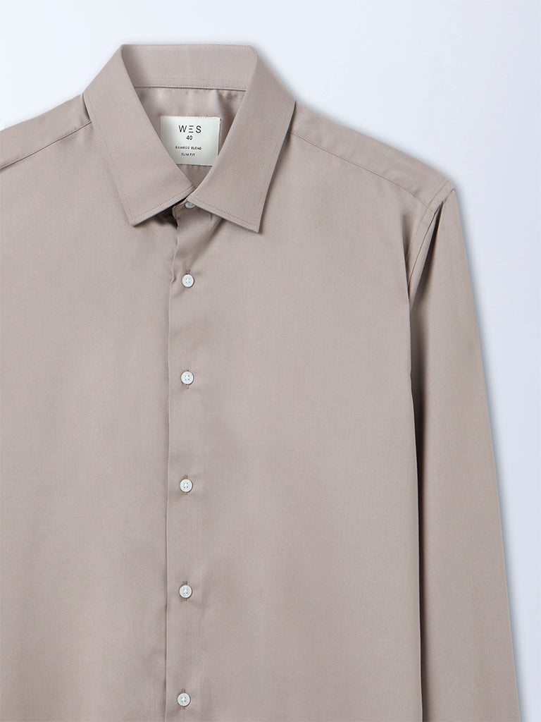 WES Formals Taupe Solid Slim-Fit Shirt