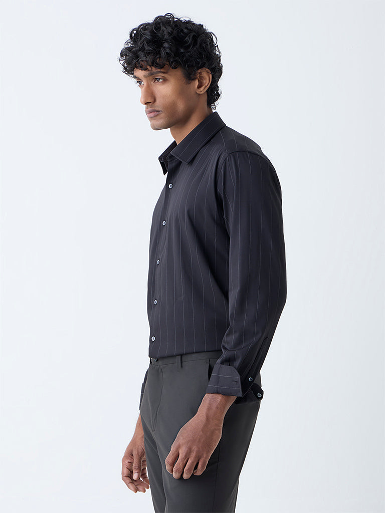 Westside WES Formals Men's Black Pinstriped Slim-Fit Shirt for Work Wear Front view