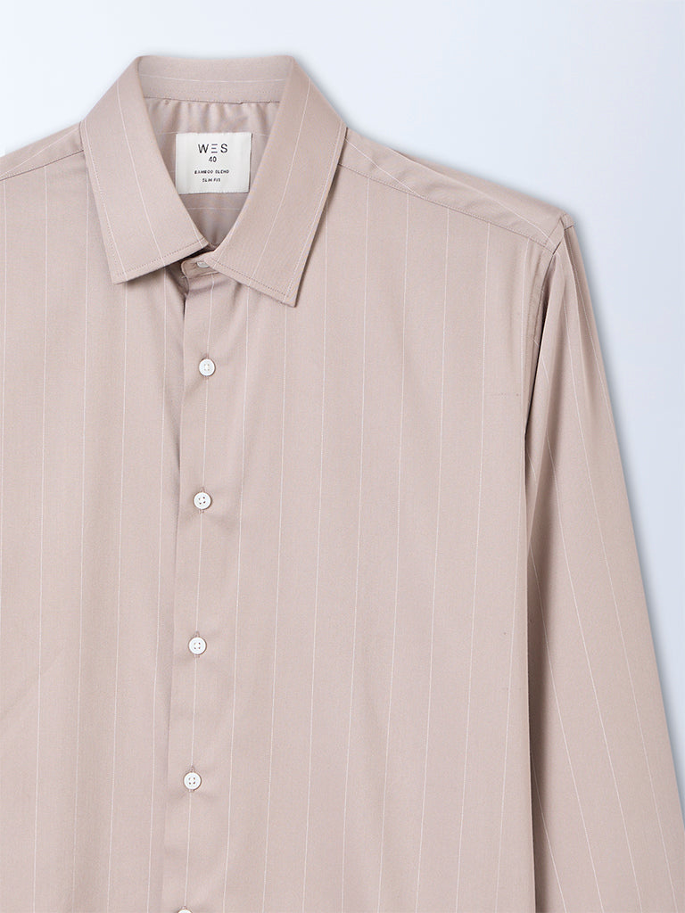 WES Formals Taupe Striped Slim-Fit Shirt