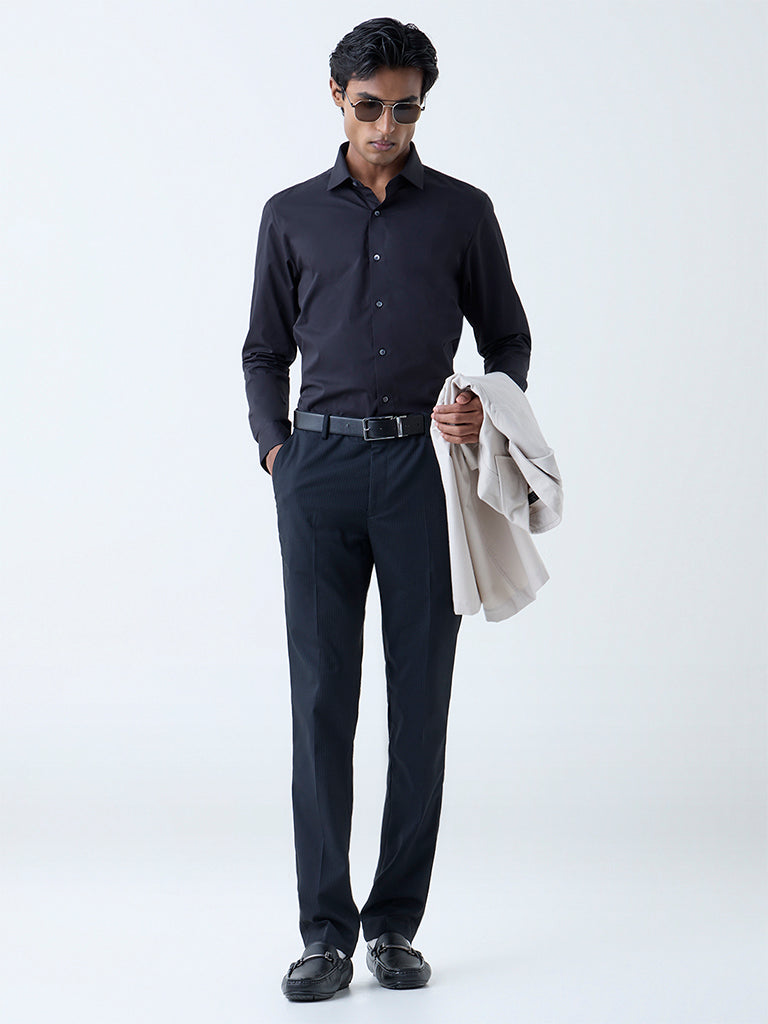 Westside WES Formals Men's Black Solid Ultra-Slim Fit Cotton-Blend Shirt for Work Wear Full View