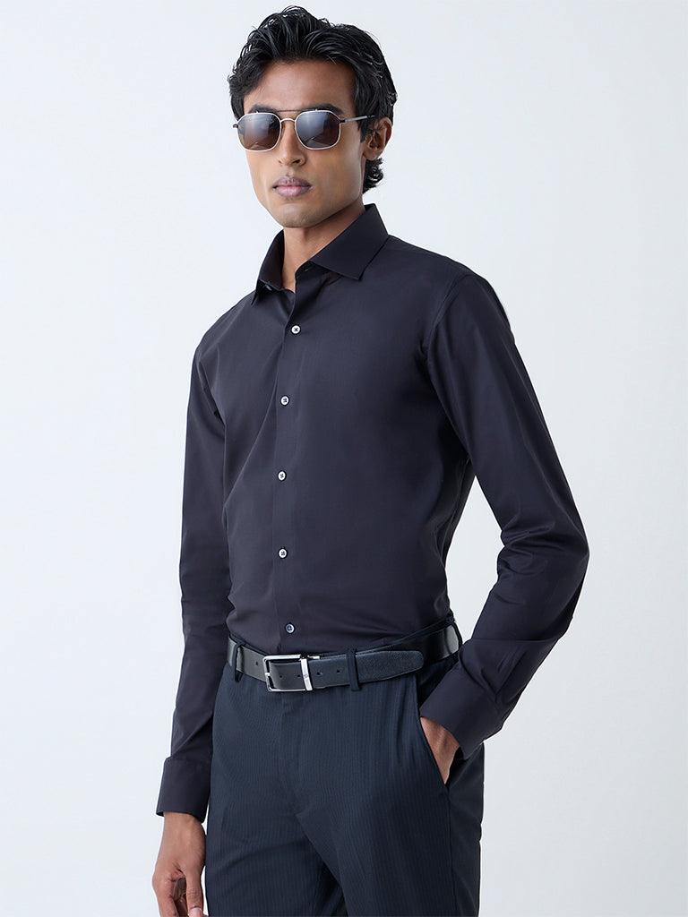 Westside WES Formals Men's Black Solid Ultra-Slim Fit Cotton-Blend Shirt for Work Wear Front view